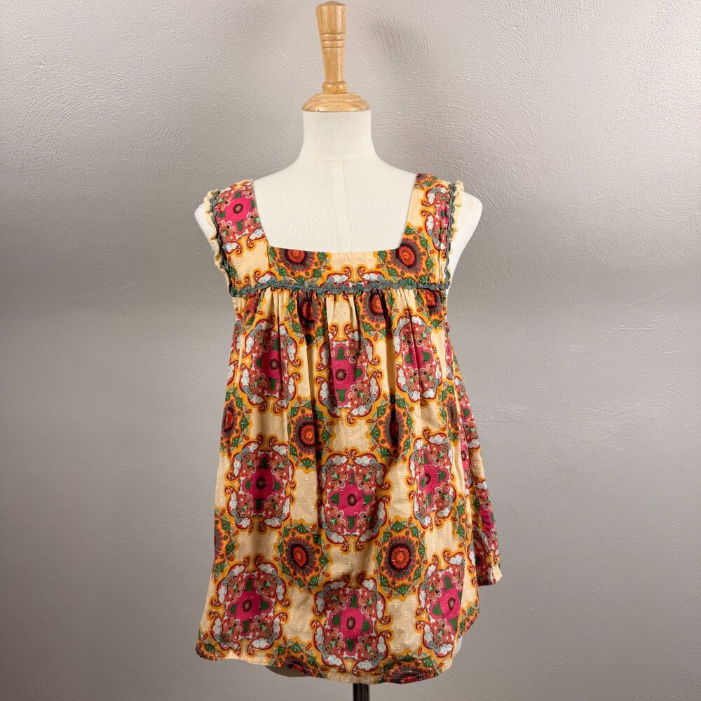 Anthropologie "Let Me Be" Abstract Ruffled Cotton Tank Top US4